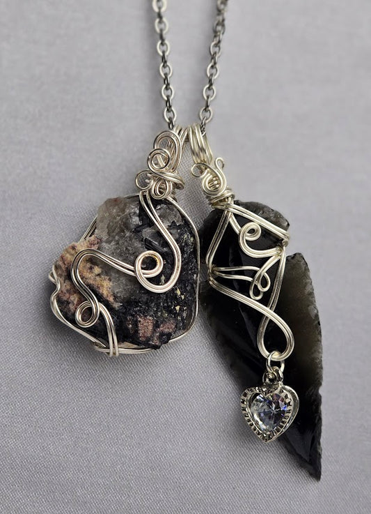 Black Obsidian Arrowhead & Tourmaline Quartz Combo Crystal Custom Pendant