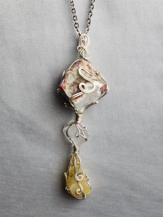 Jasper Rainforest,  Icelandic Spar, and Yellow Opal  Crystal Custom Pendant