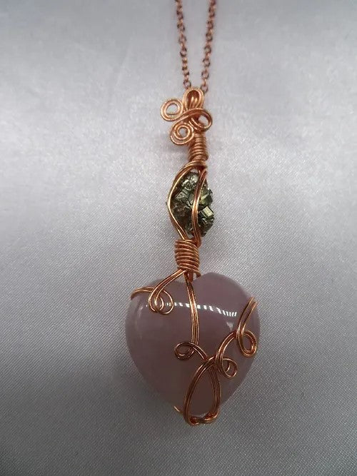 Rose Quartz Heart with interior Pyrite Crystal Custom Pendant #E17