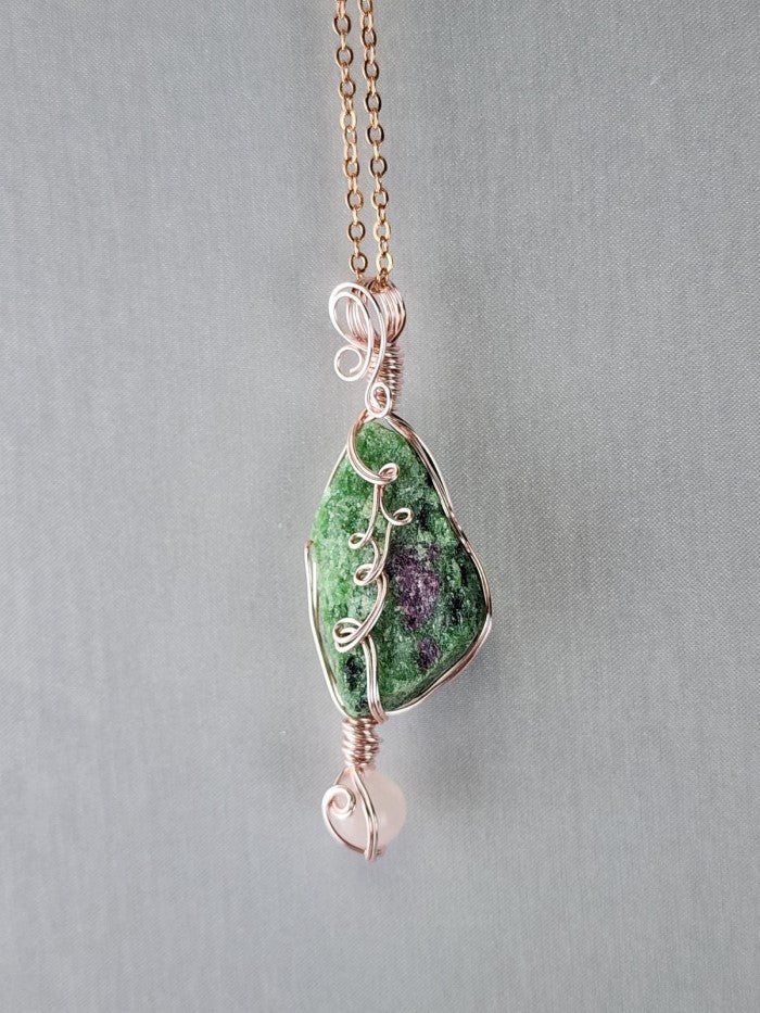 Ruby Zoisite with Rose Quartz bead Crystal Custom Pendant #E21