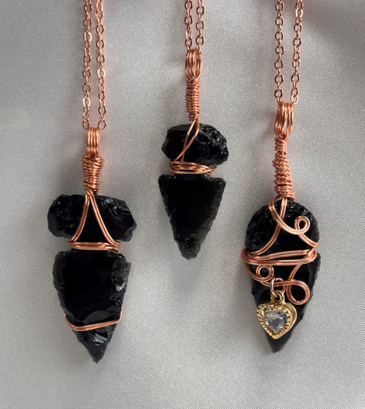 Black Obsidian Arrowhead Pendant Copper