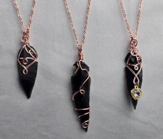 Black Obsidian Arrowhead Custom Pendant Copper