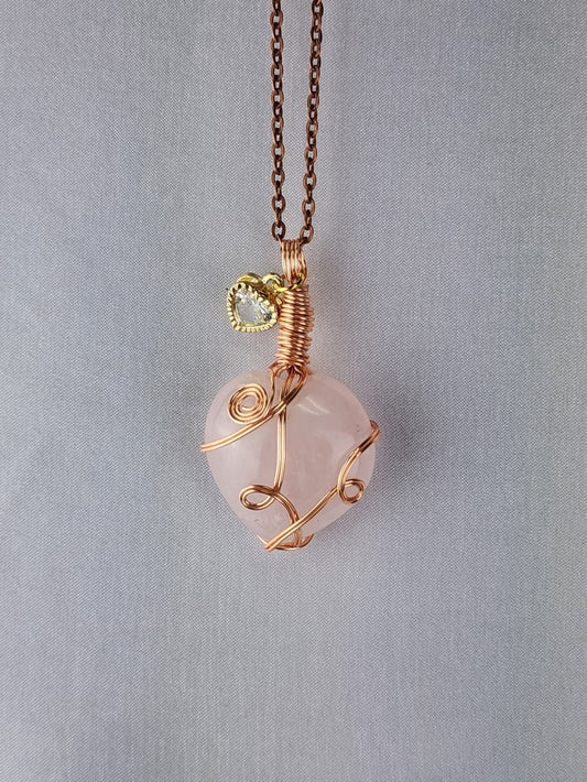 Rose Quartz Heart Crystal Custom Pendant with heart charm #E19