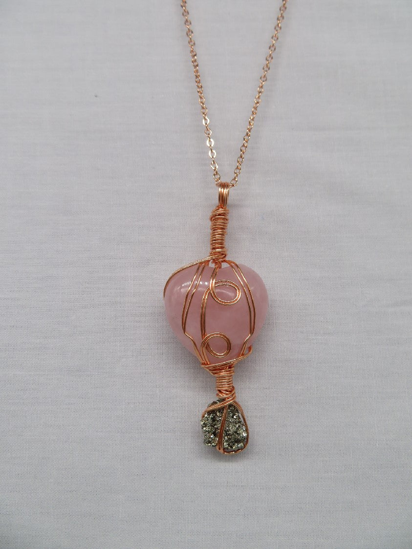 Rose Quartz Heart with teardrop Pyrite Crystal Custom Pendant #E25